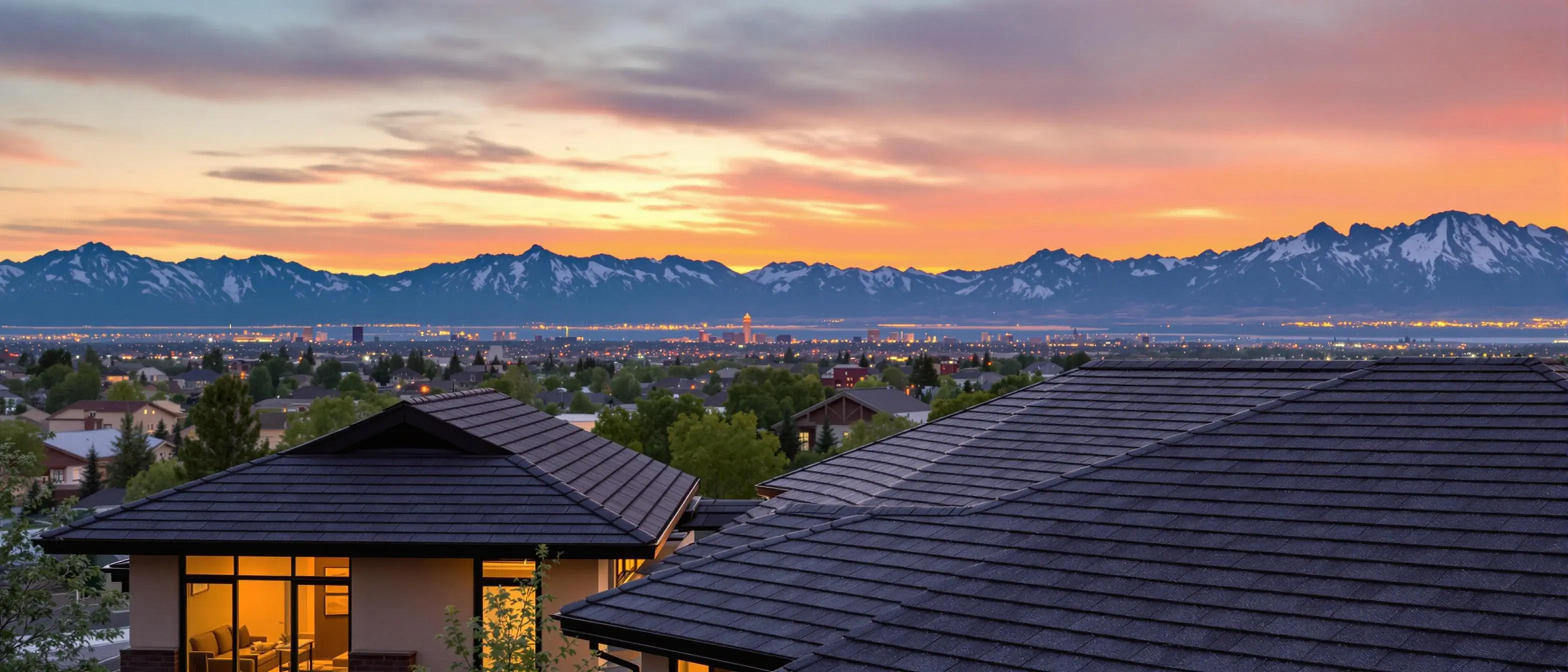 Professional roof replacement in Denver with Rocky Mountain backdrop
