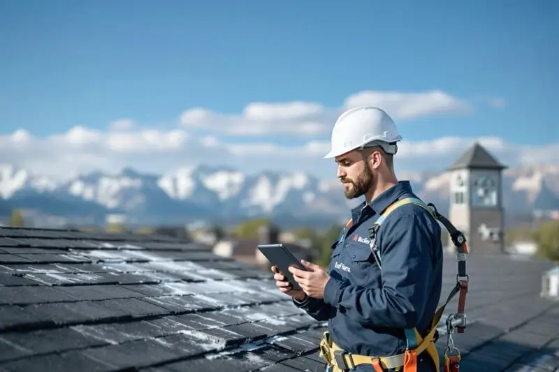 Professional roofer inspecting with tablet